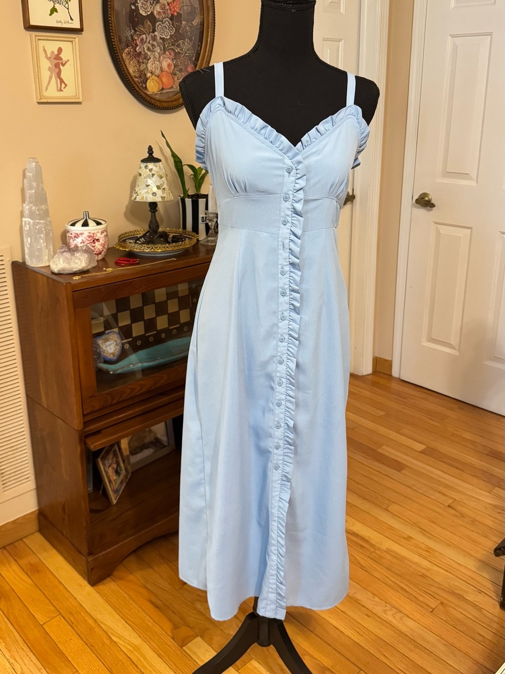 Topshop Light Blue Ruffle-Trim Button Midi Dress